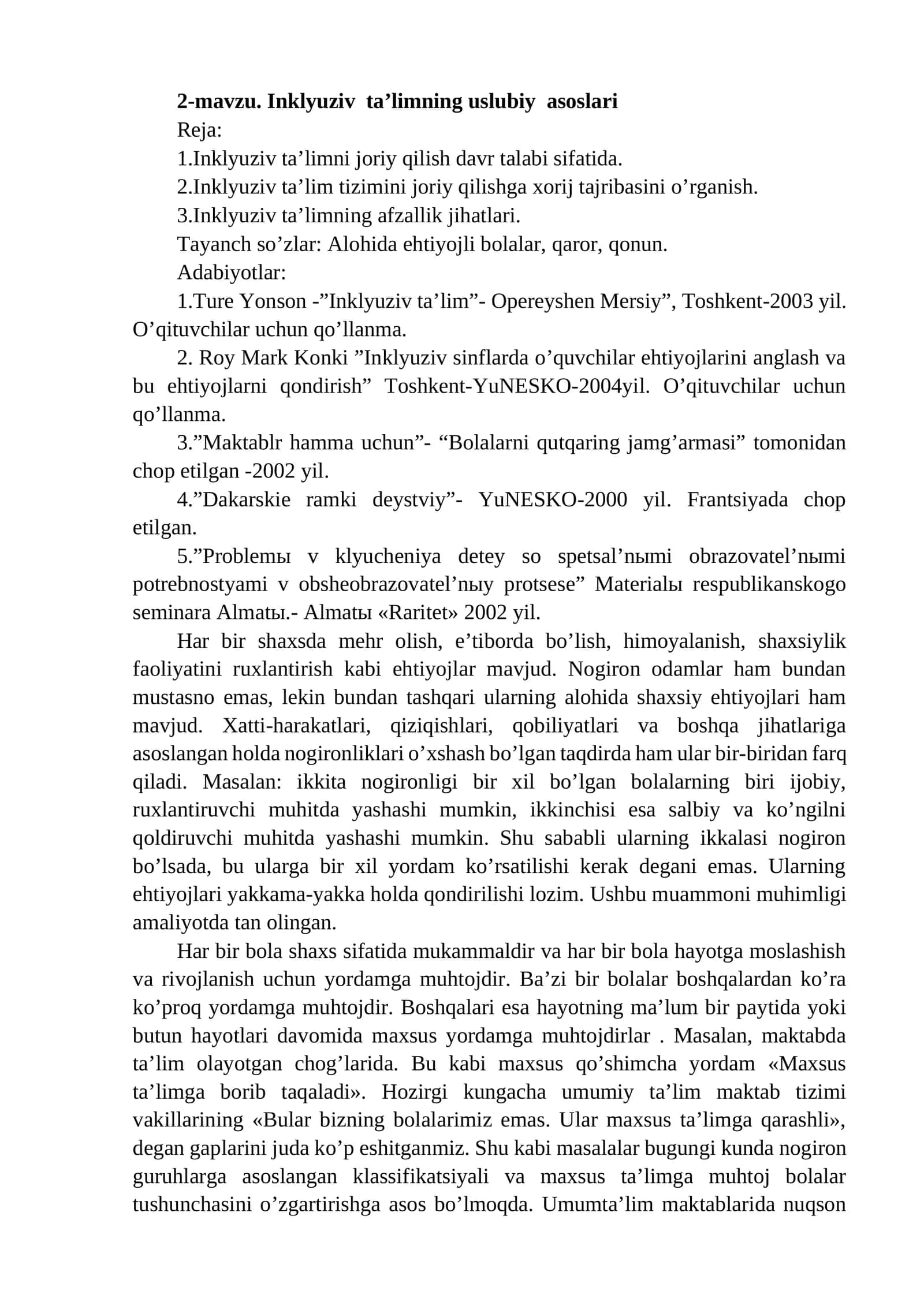 Inklyuziv ta’limning uslubiy asoslari