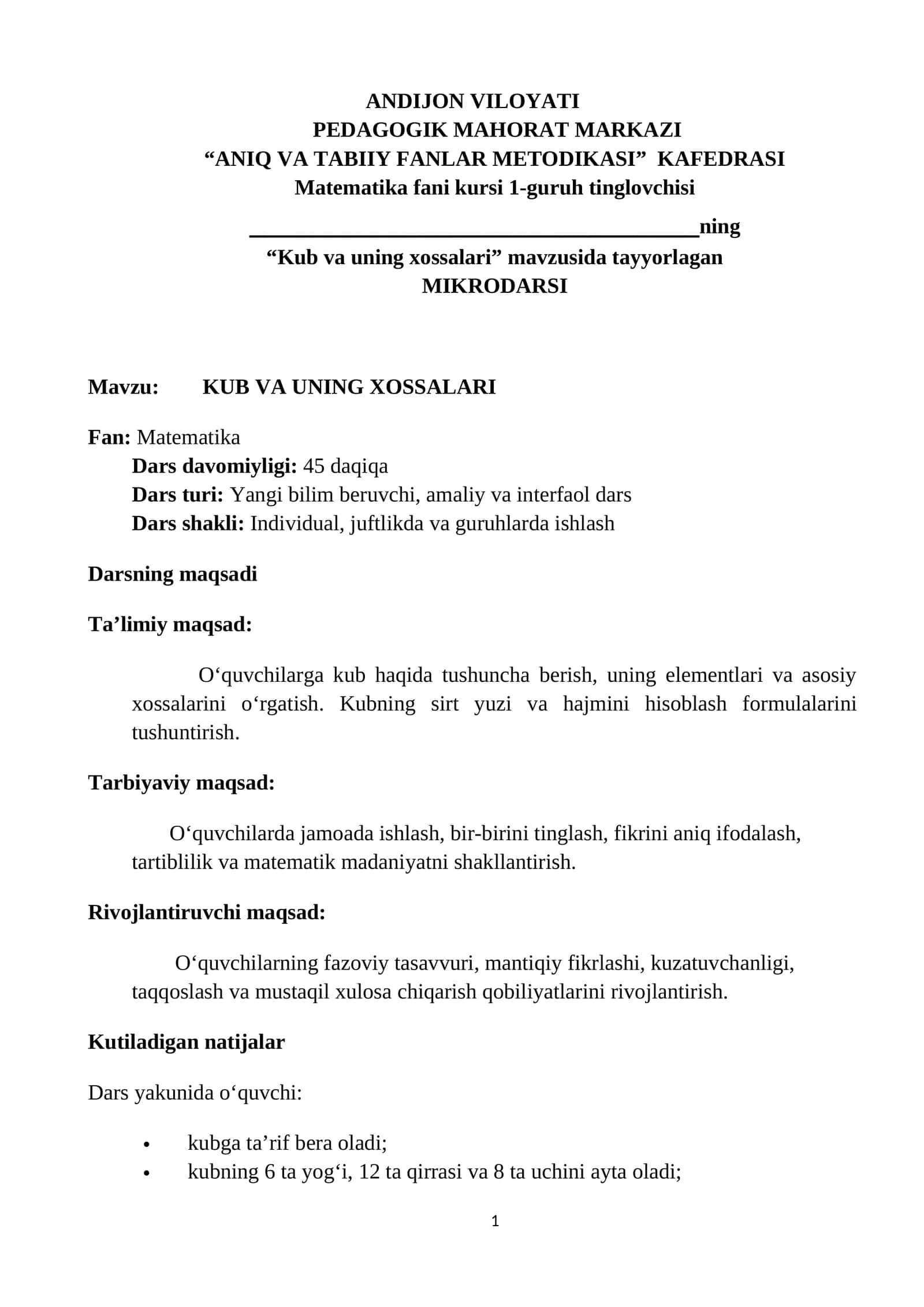 “Kub va uning xossalari” mavzusida tayyorlangan MIKRODARS