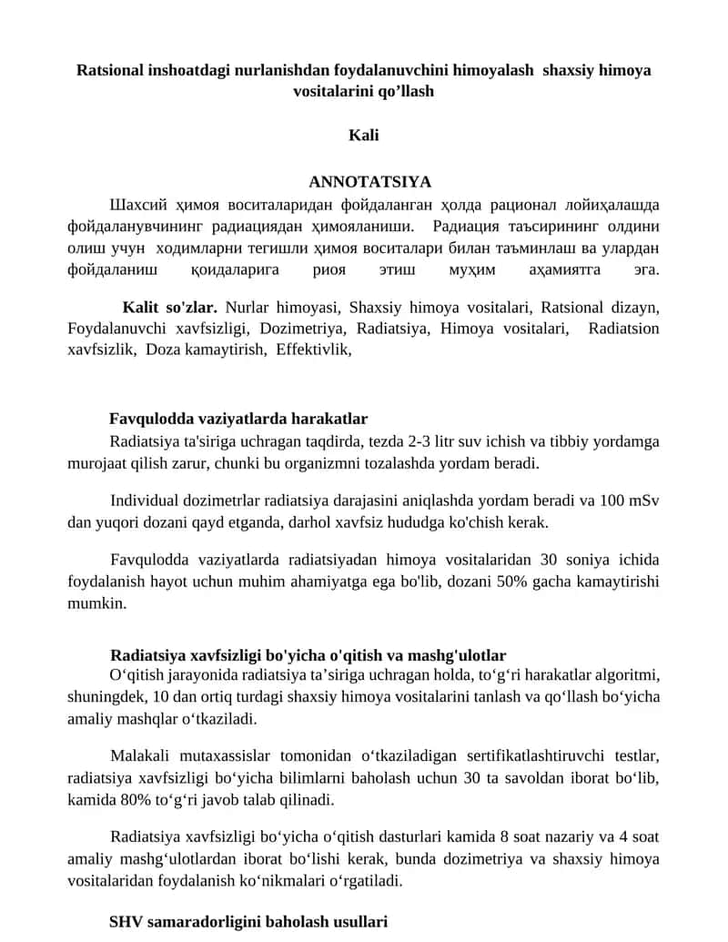 Ratsional inshoatdagi nurlanishdan foydalanuvchini himoyalash shaxsiy himoya vositalarini qoʼllash