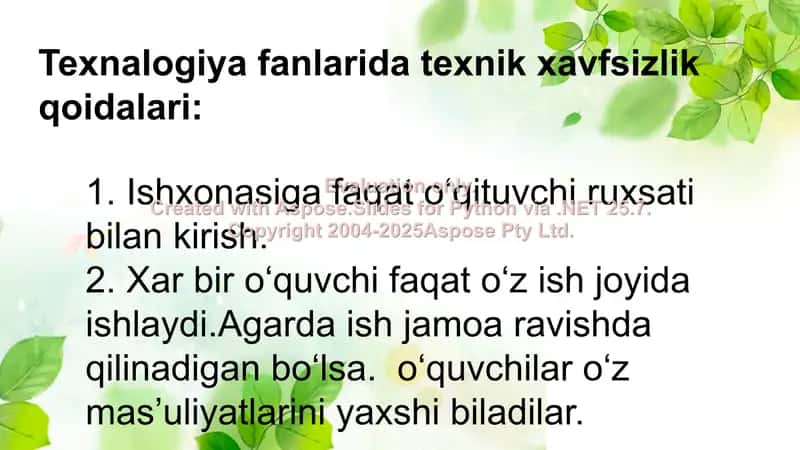 Texnalogiya fanlarida texnik xavfsizlik qoidalari