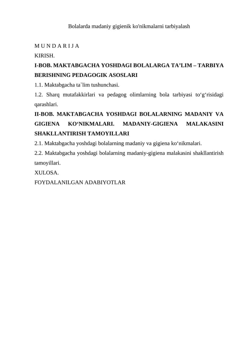 BOLALARDA MADANIY GIGIENIK KO'NIKMALARNI TARBIYALASH