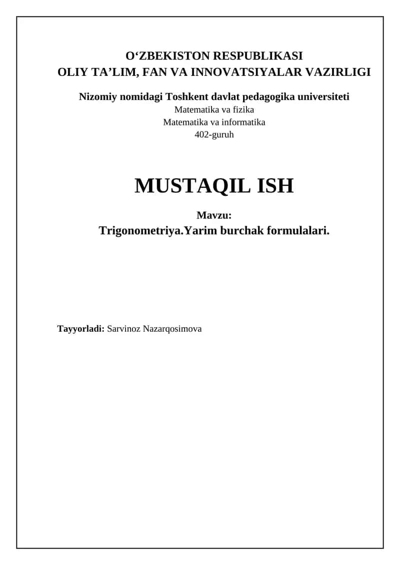 Yarim burchak formulalari