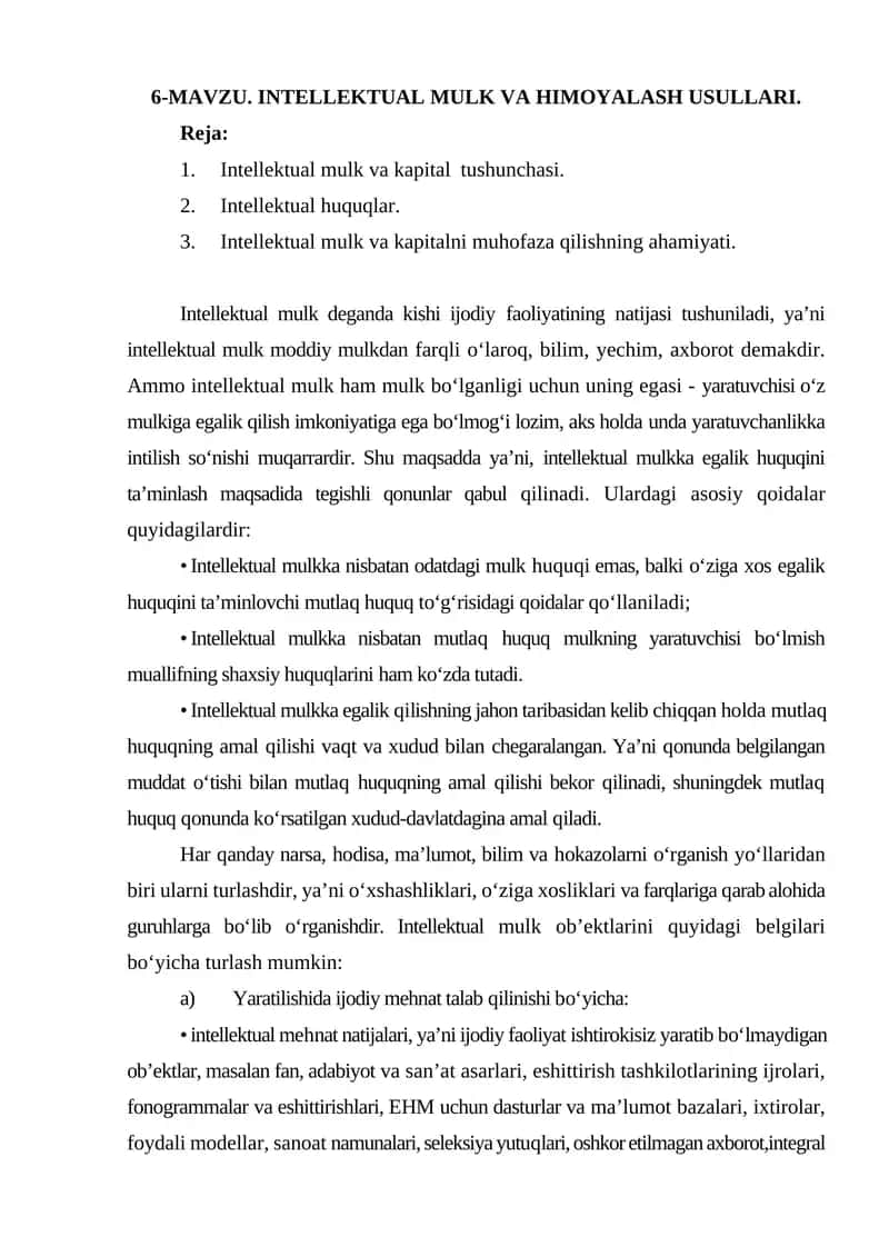 INTELLEKTUAL MULK VA HIMOYALASH USULLARI
