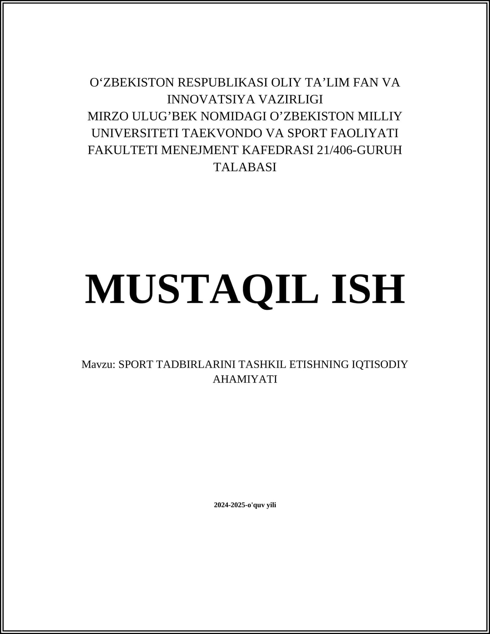 SPORT TADBIRLARINI TASHKIL ETISHNING IQTISODIY AHAMIYATI