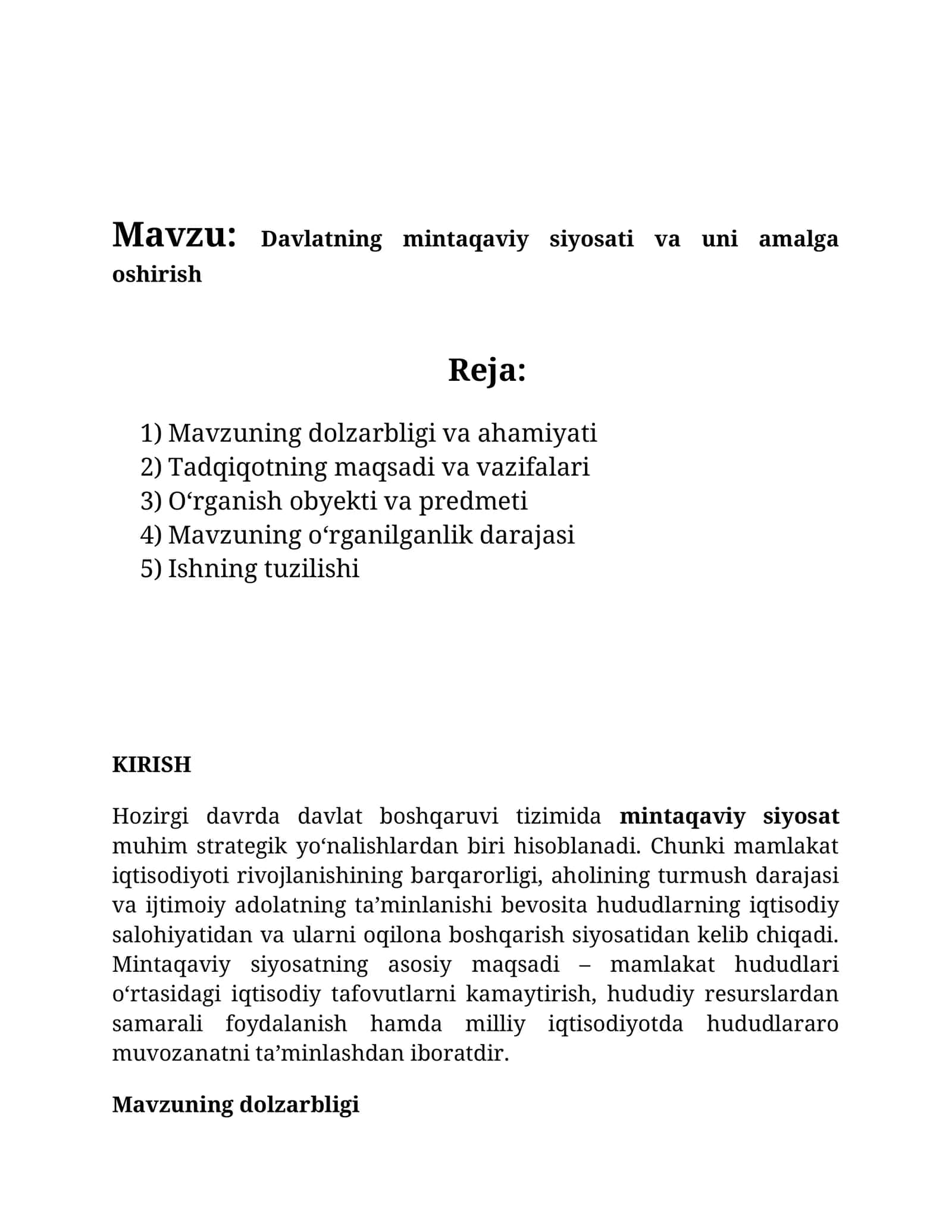 Davlatning mintaqaviy siyosati va uni amalga oshirish