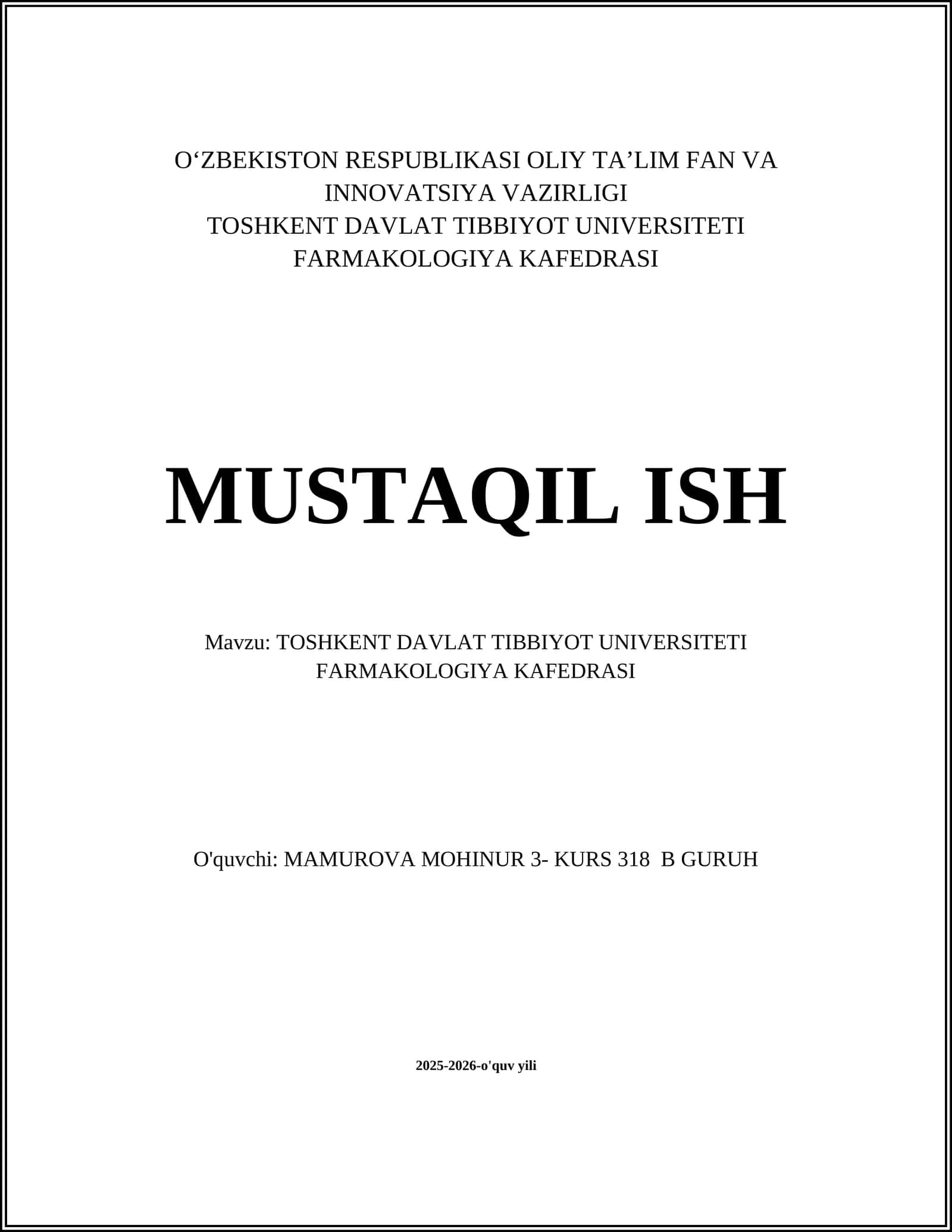 Toshkent Davlat Tibbiyot Universiteti Farmakologiya Kafedrasi