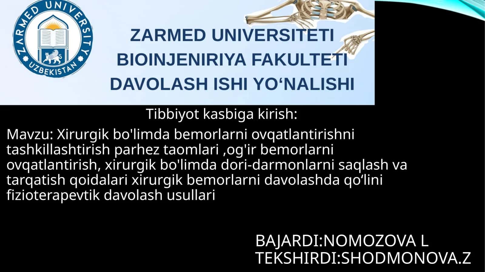 Xirurgik bo'limda ovqatlantirishni tashkillashtirish