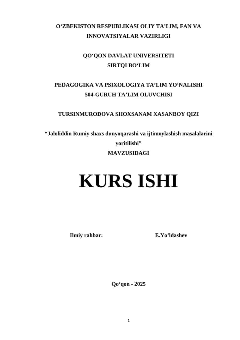 Jaloliddin Rumiy shaxs dunyoqarashi va ijtimoylashish masalalarini yoritilishi