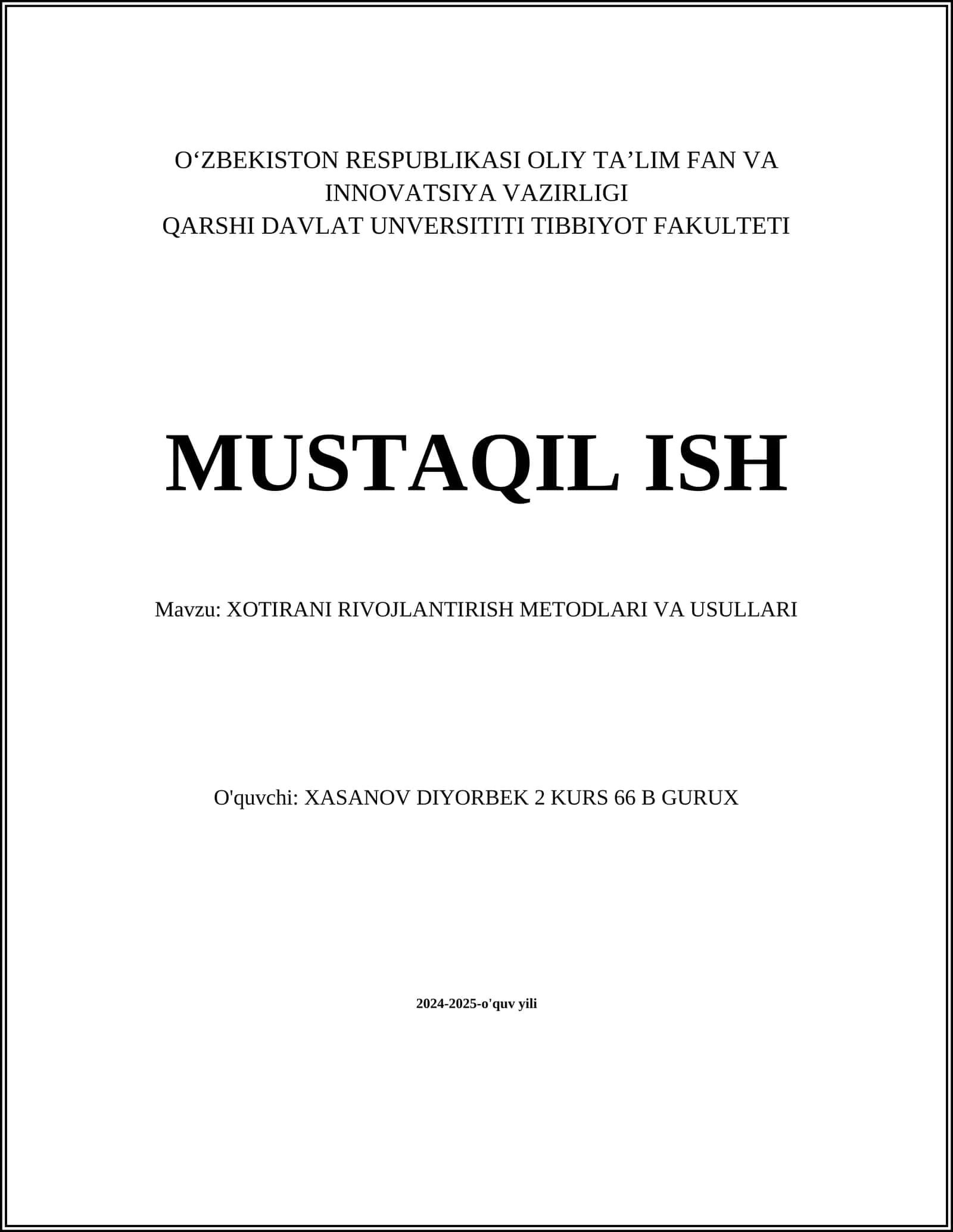 XOTIRANI RIVOJLANTIRISH METODLARI VA USULLARI