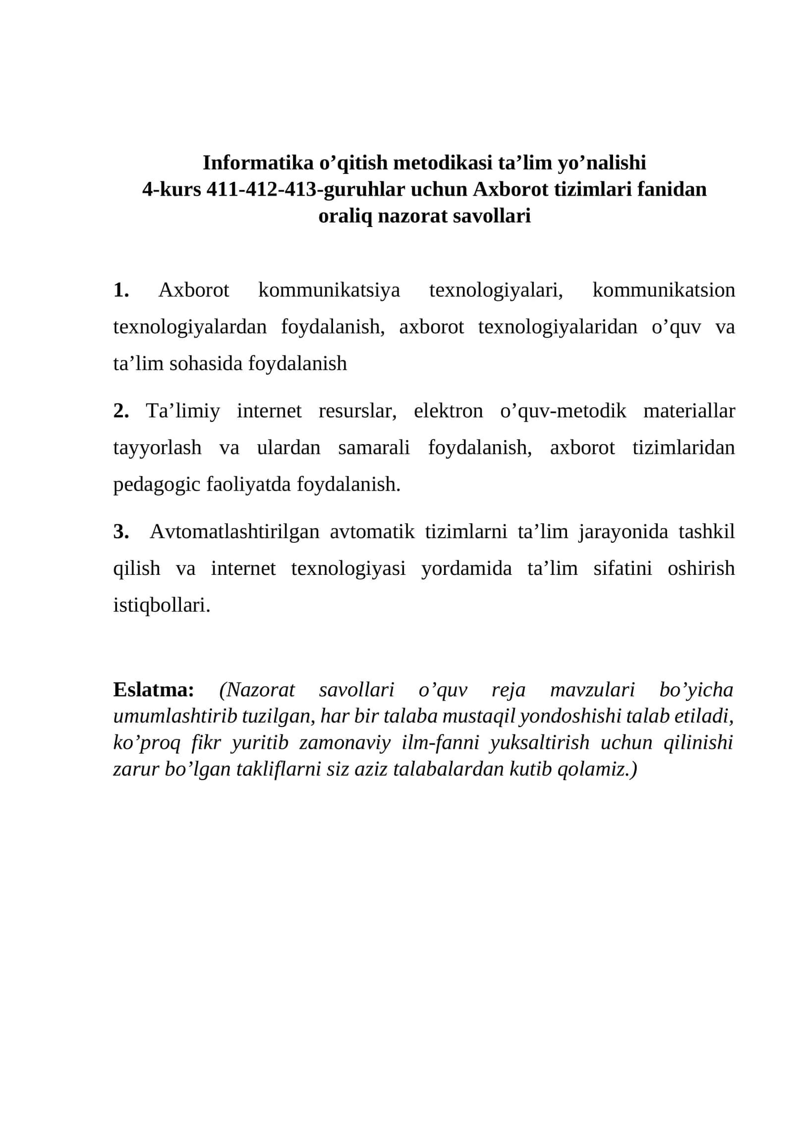 Axborot tizimlari fanidan oraliq nazorat savollari