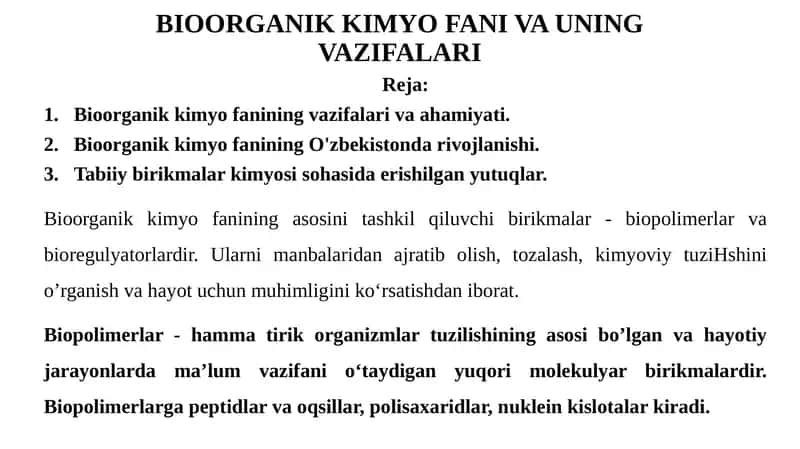 BIOORGANIK KIMYO FANI VA UNING VAZIFALARI
