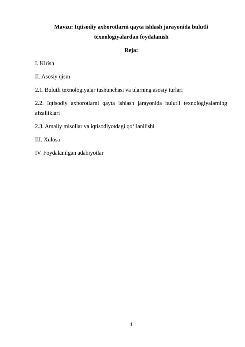 Iqtisodiy axborotlarni qayta ishlash jarayonida bulutli texnologiyalardan foydalanish