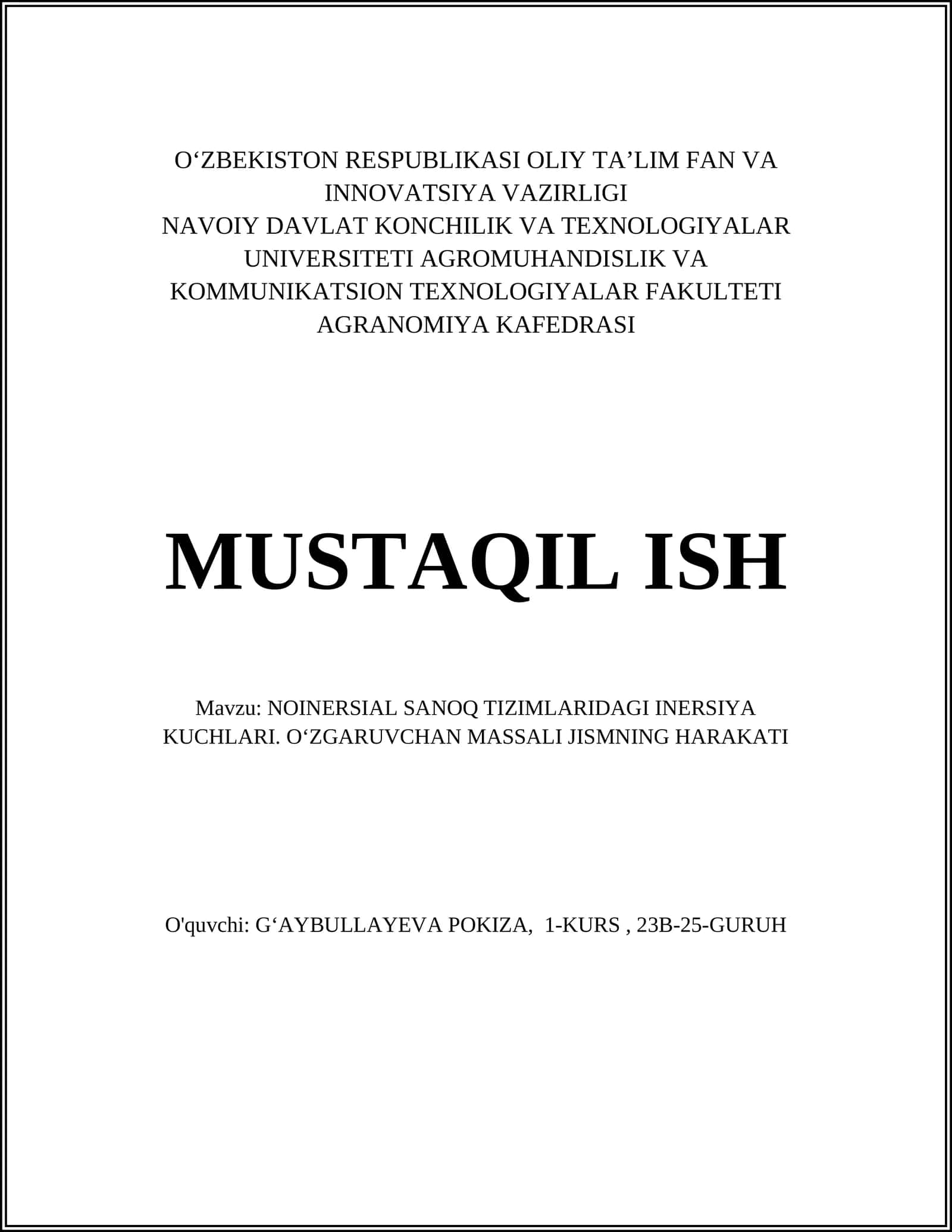 NOINERSIAL SANOQ TIZIMLARIDAGI INERSIYA KUCHLARI