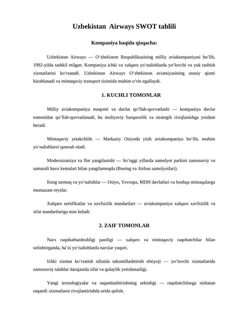 Uzbekistan Airways SWOT tahlili