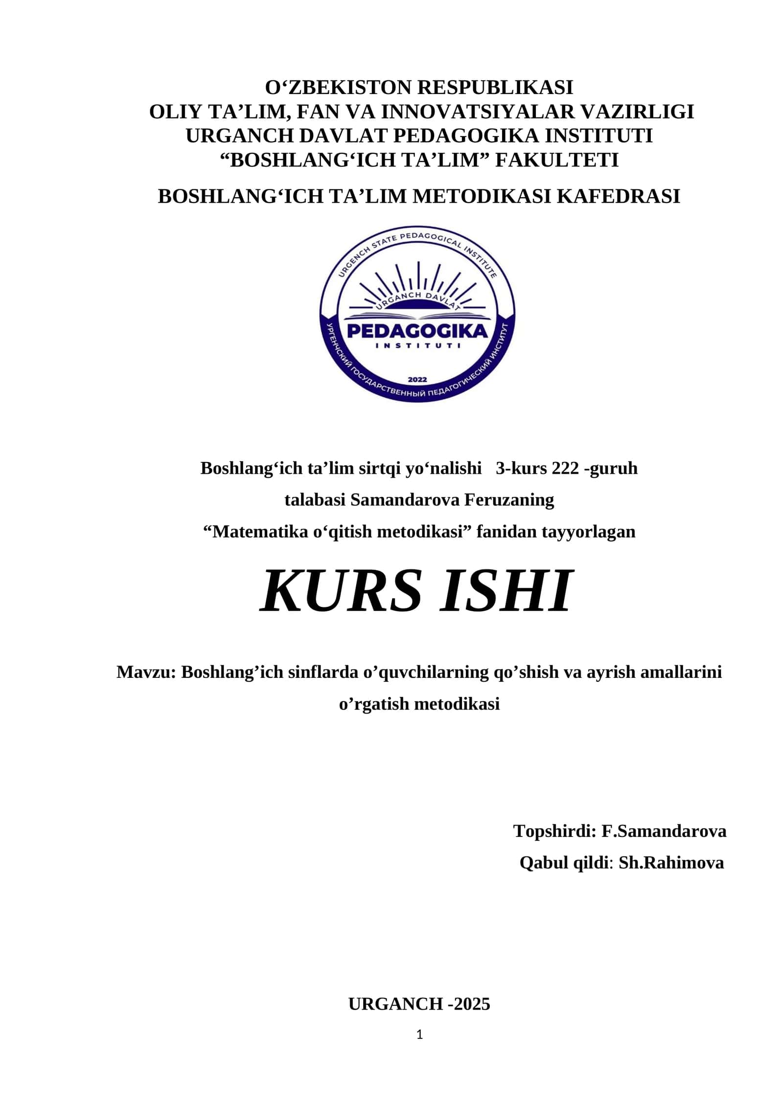 Boshlang’ich sinflarda o’quvchilarning qo’shish va ayrish amallarini o’rgatish metodikasi