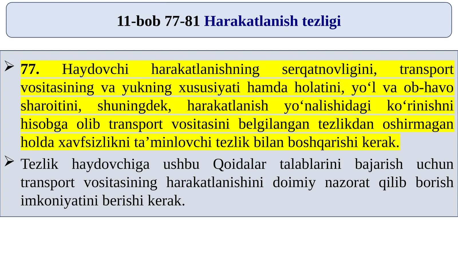 Haydovchi Harakatlanish Qoidalari