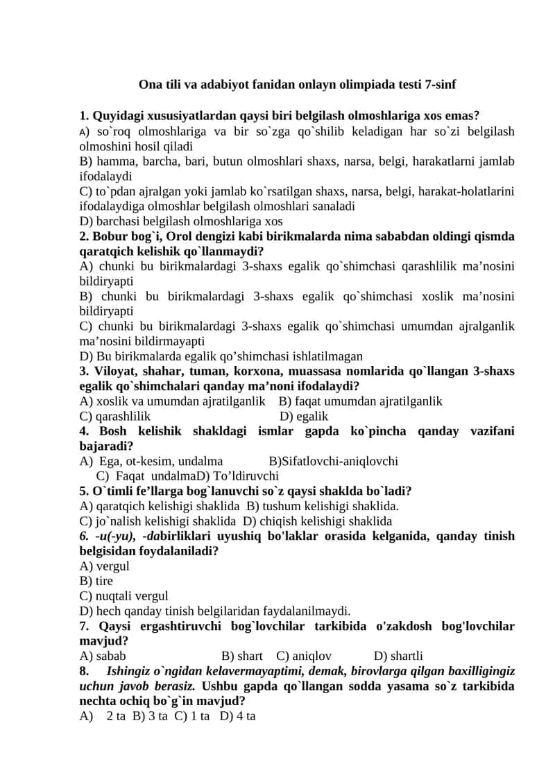 Ona tili va adabiyot fanidan onlayn olimpiada testi 7-sinf