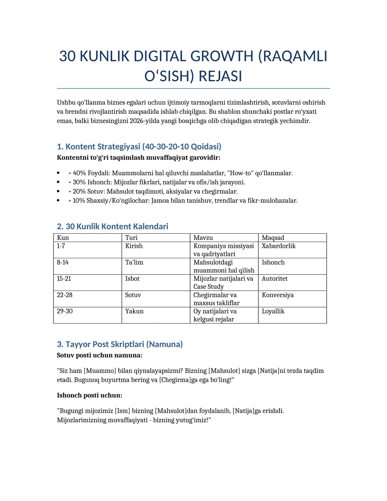 30 KUNLIK DIGITAL GROWTH (RAQAMLI O‘SISH) REJASI