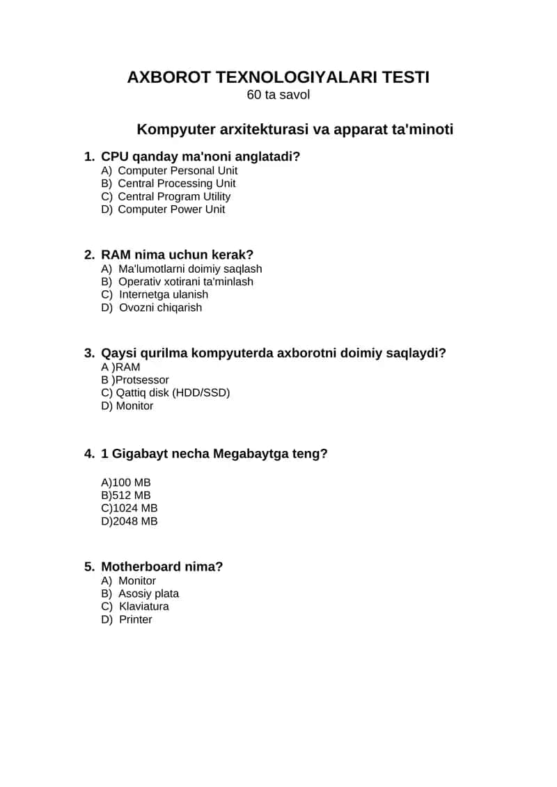 Axborot Texnologiyalari Testi