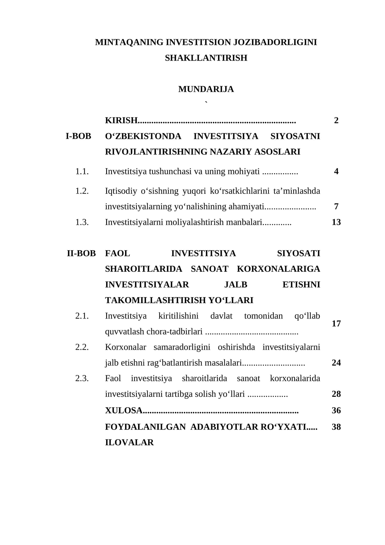 MINTAQANING INVESTITSION JOZIBADORLIGINI SHAKLLANTIRISH