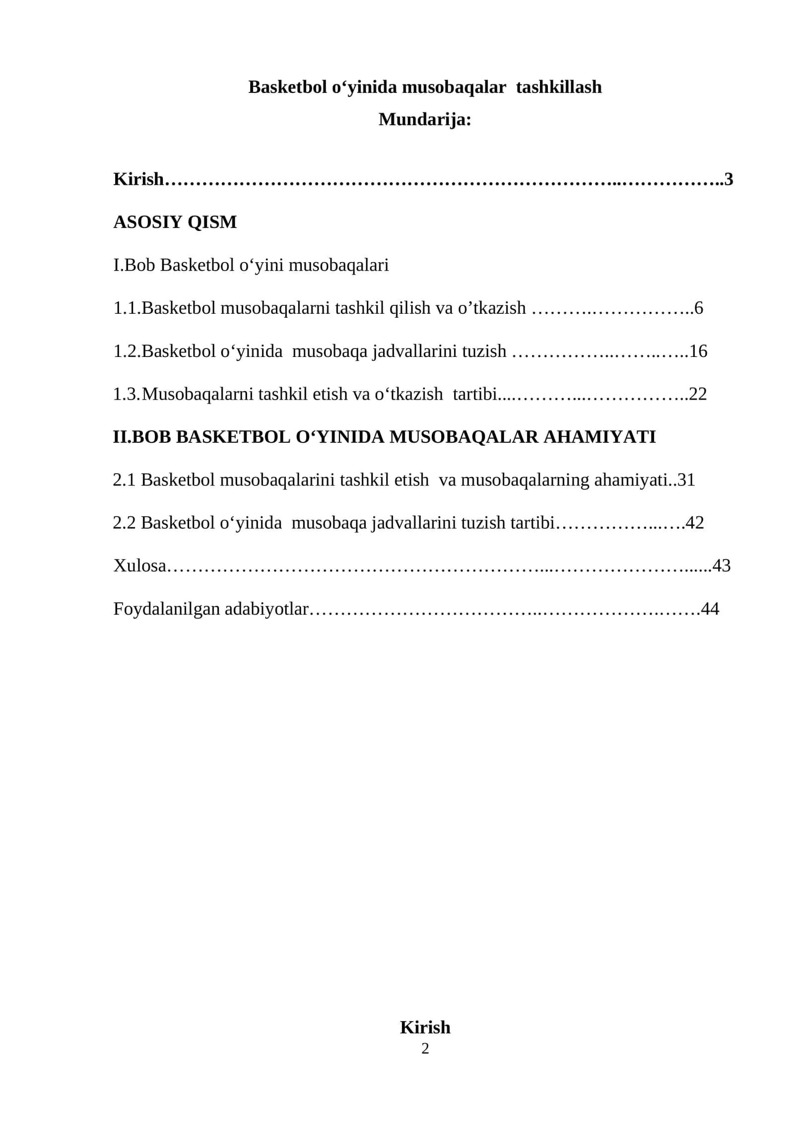 Basketbol o‘yinida musobaqalar tashkillash dona