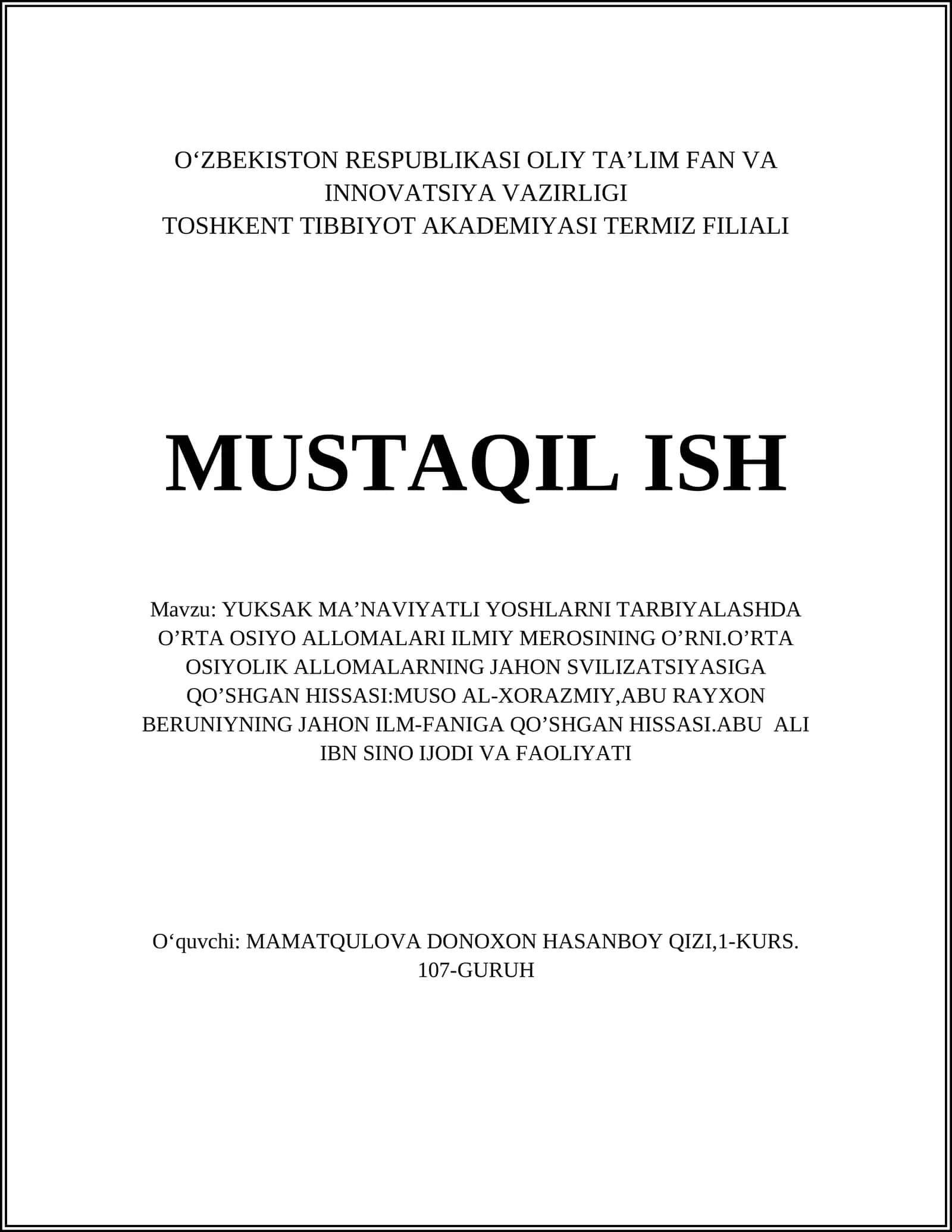 YUKSAK MA’NAVIYATLI YOSHLARNI TARBIYALASHDA O’RTA OSIYO ALLOMALARI ILMIY MEROSINING O’RNI