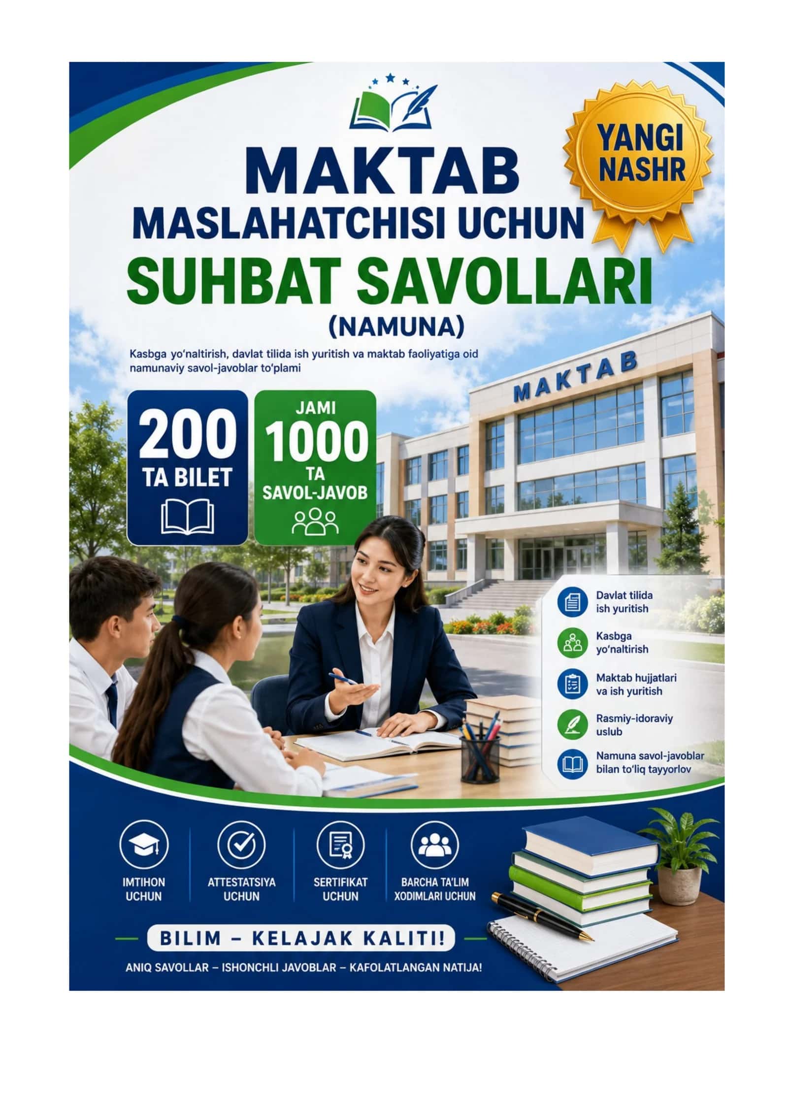 Maktab maslaxatchisi 1000 ta test javoblari bilan