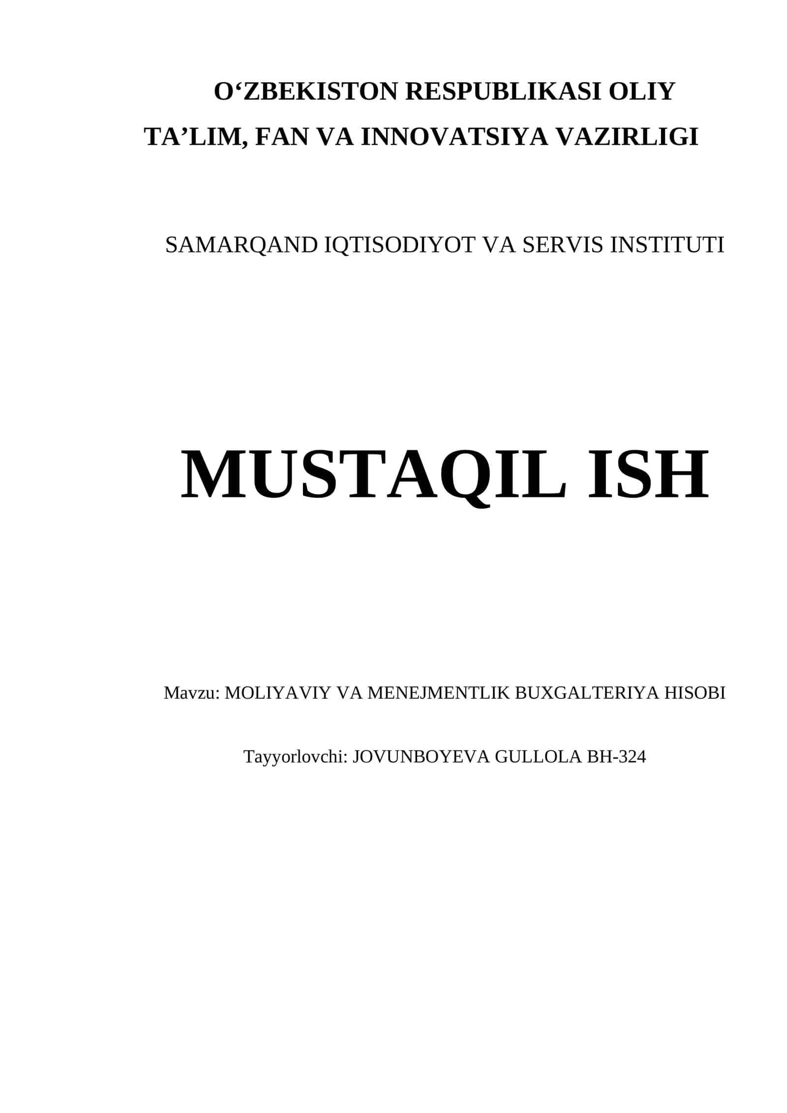 MOLIYAVIY VA MENEJMENTLIK BUXGALTERIYA HISOBI