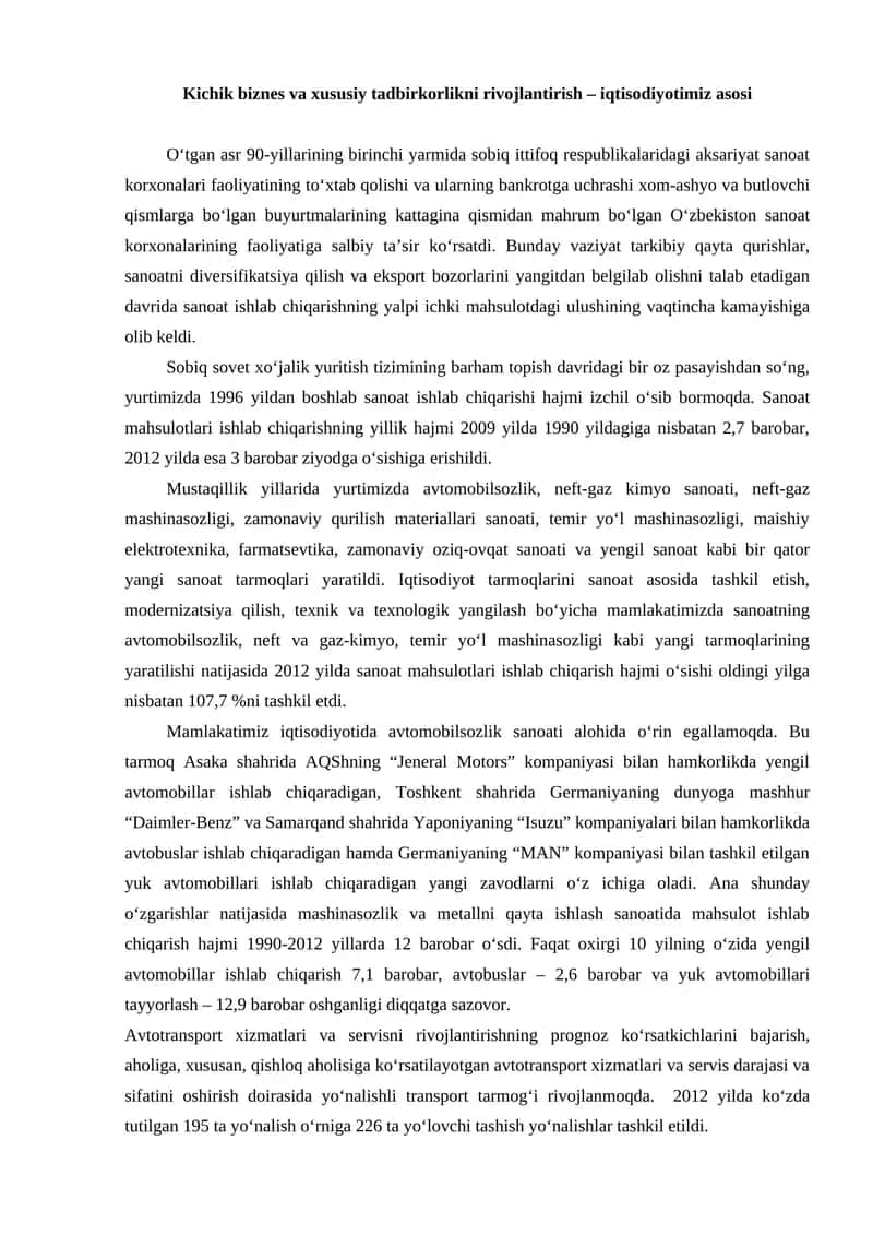 Kichik biznes va xususiy tadbirkorlikni rivojlantirish – iqtisodiyotimiz asosi