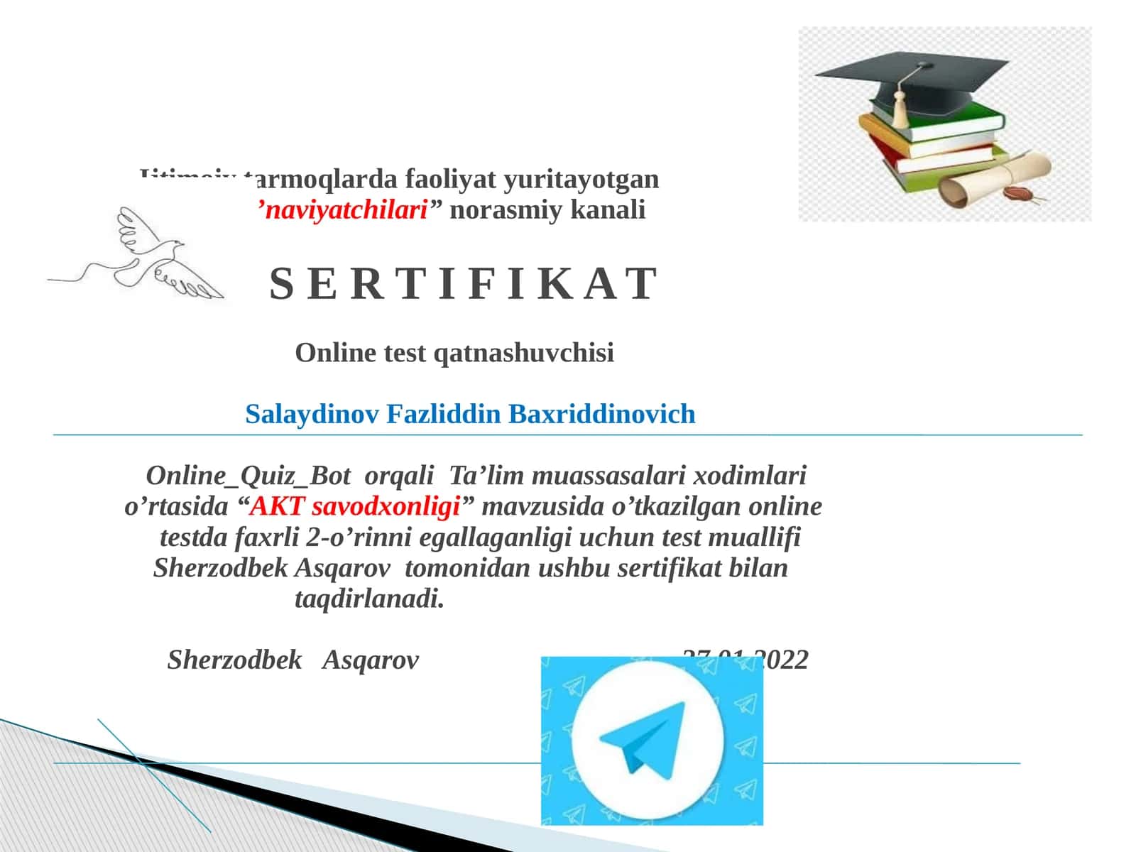 "AKTsavodxonligi" mavzusida o'tkazilgan onlinetest