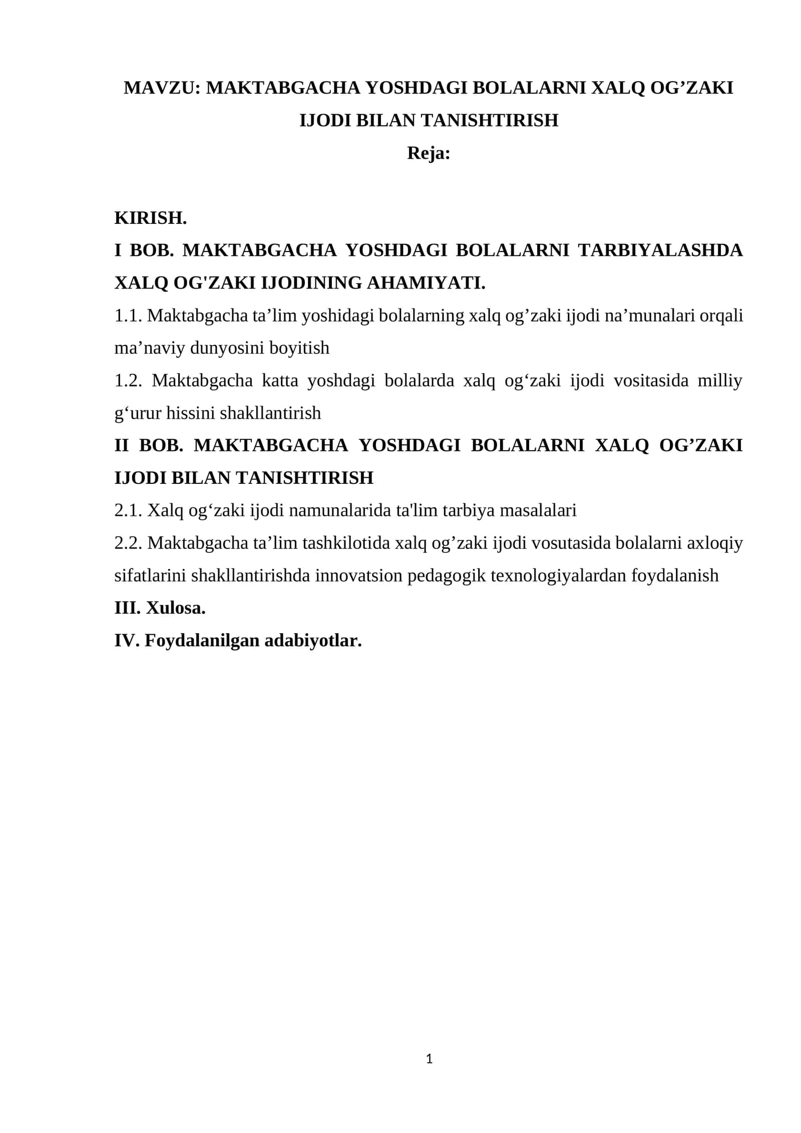 MAKTABGACHA YOSHDAGI BOLALARNI XALQ OG’ZAKI IJODI BILAN TANISHTIRISH