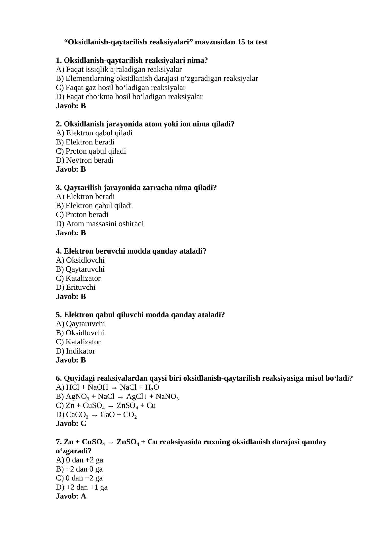 Oksidlanish-qaytarilish reaksiyalari test savollari