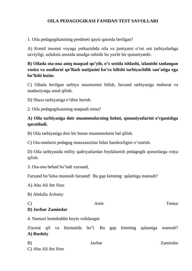 OILA PEDAGOGIKASI FANIDAN TEST SAVOLLARI