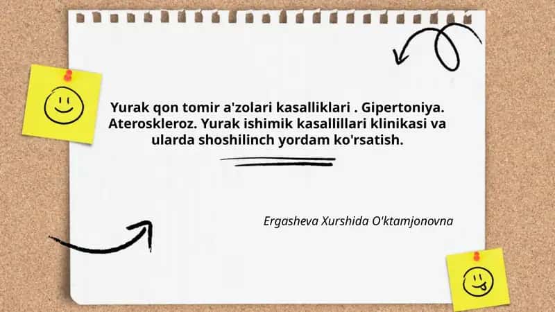 Yurak qon tomir a'zolari kasalliklari. Gipertoniya. Ateroskleroz. Yurak ishimik kasallillari klinikasi va ularda shoshilinch yordam ko'rsatish