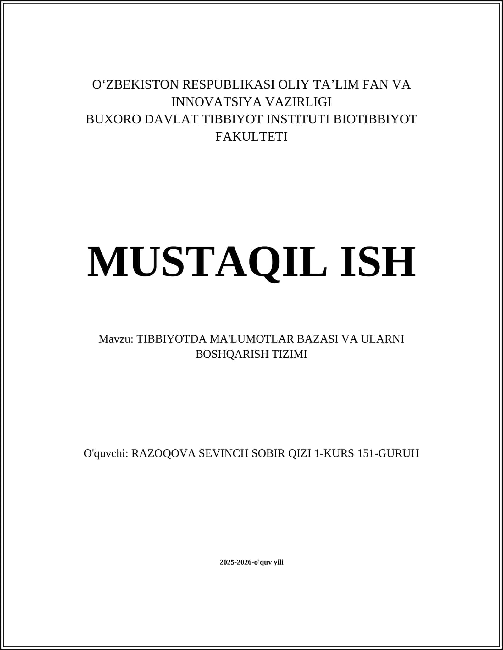 TIBBIYOTDA MA'LUMOTLAR BAZASI VA ULARNI BOSHQARISH TIZIMI