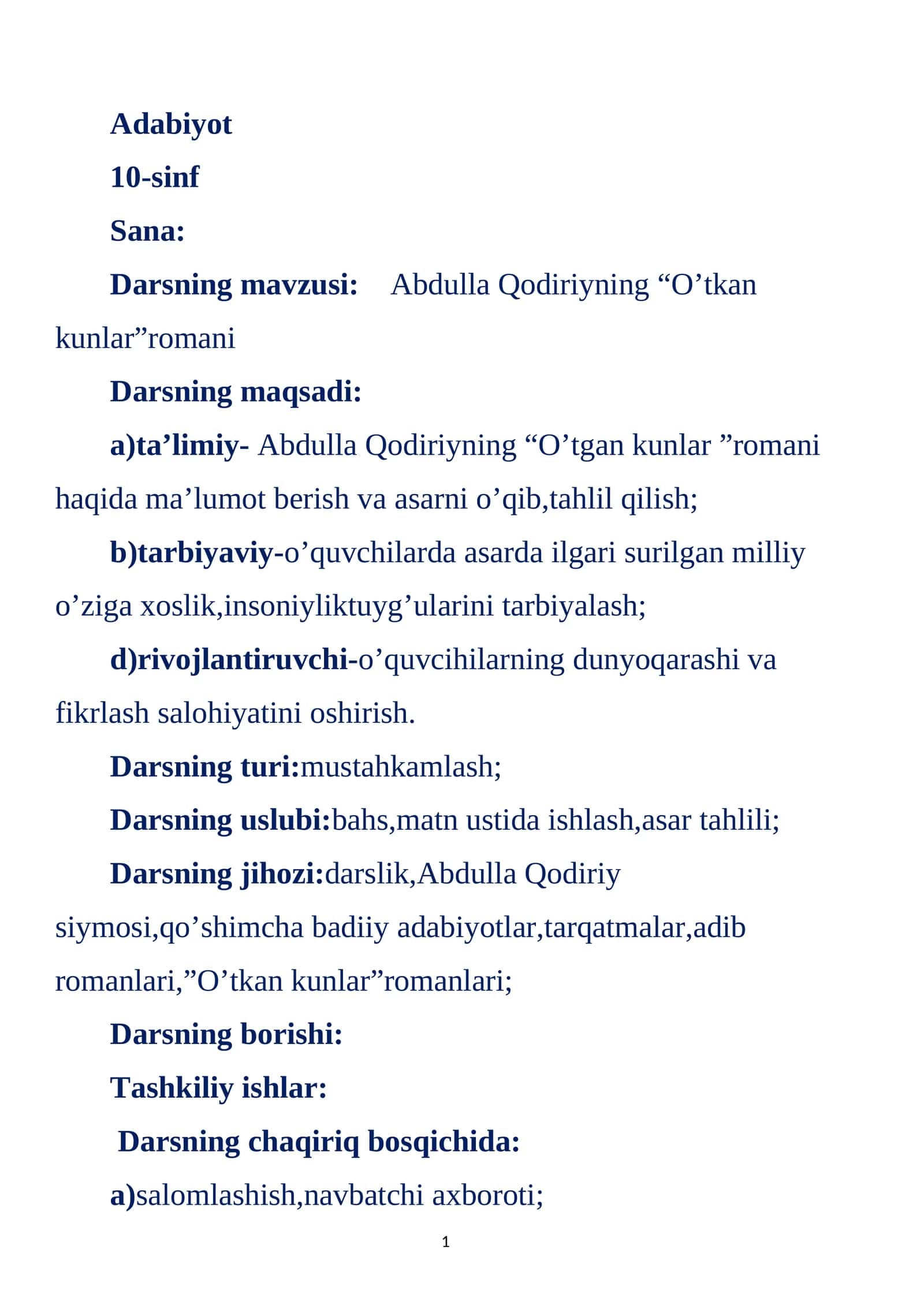 Abdulla Qodiriyning “O’tkan kunlar”romani