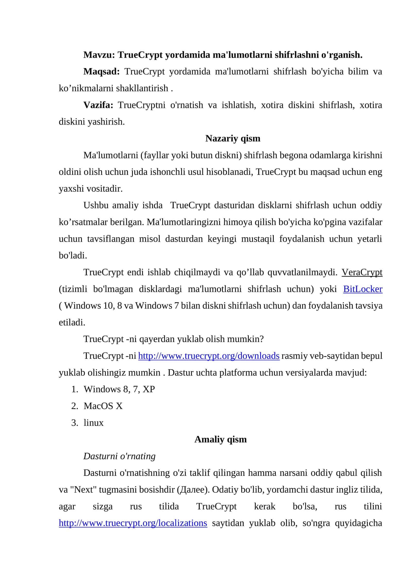 TrueCrypt yordamida ma'lumotlarni shifrlashni o'rganish