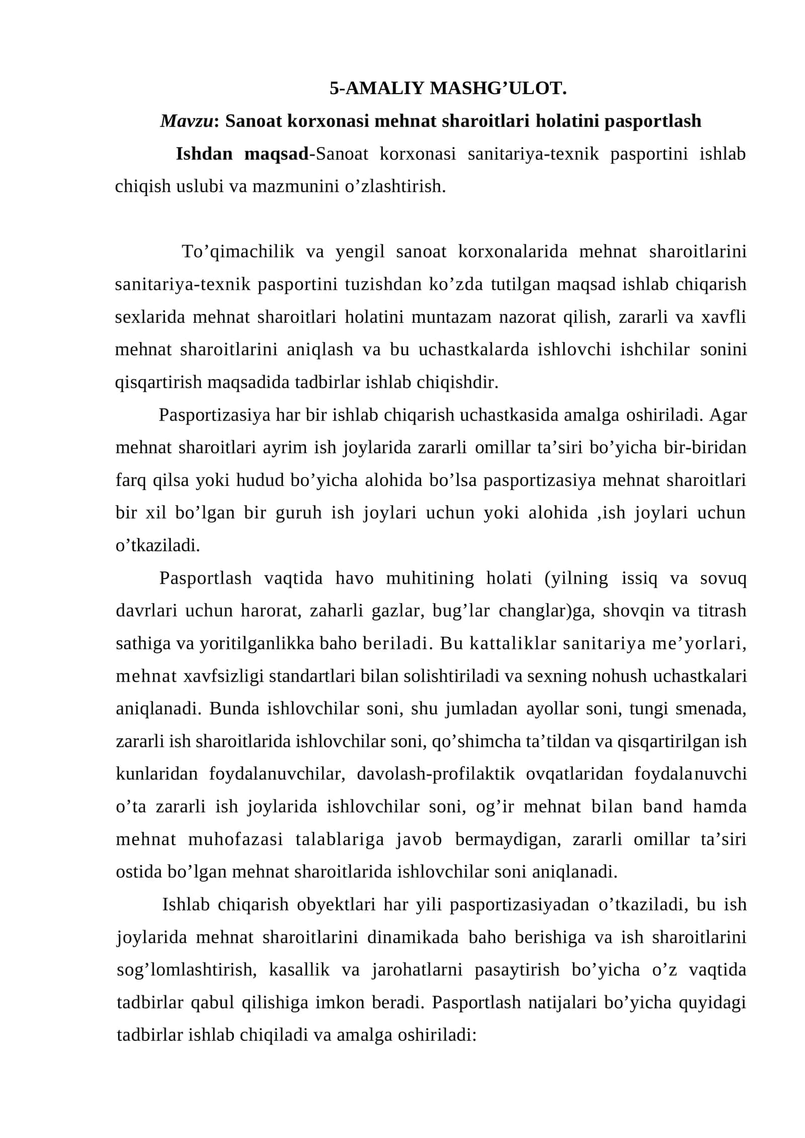 Sanoat korxonasi mehnat sharoitlari pasportlash