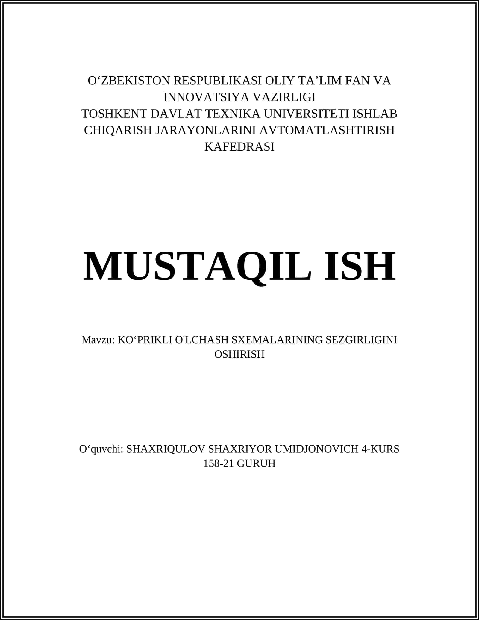 KO‘PRIKLI O'LCHASH SXEMALARINING SEZGIRLIGINI OSHIRISH