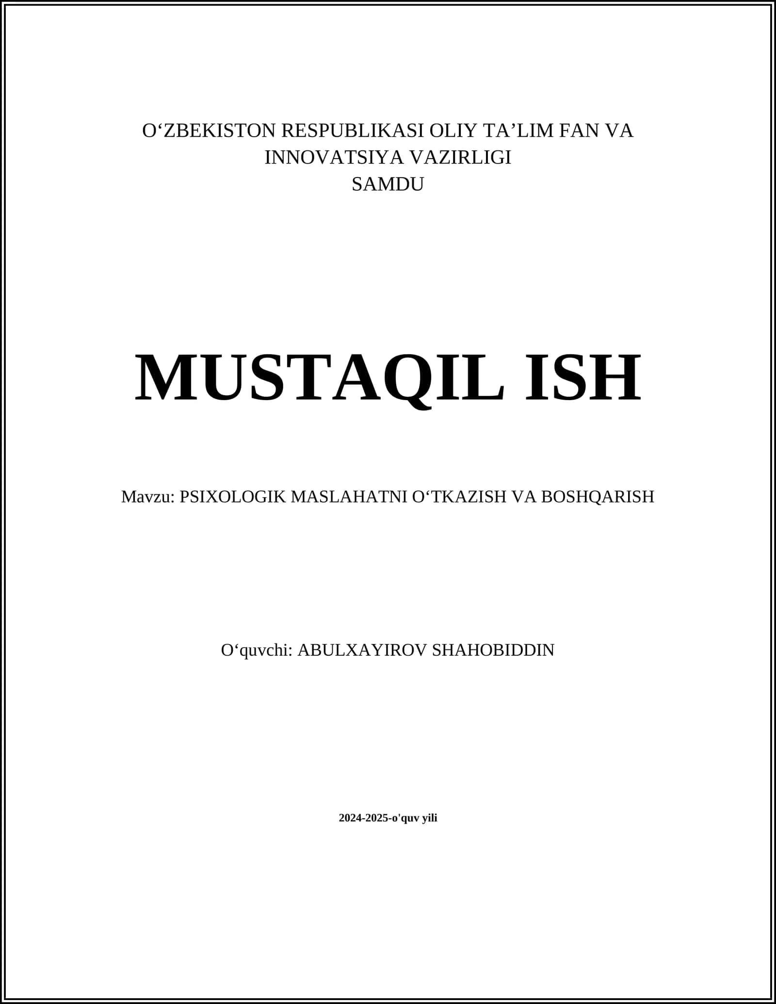 PSIXOLOGIK MASLAHATNI OʻTKAZISH VA BOSHQARISH