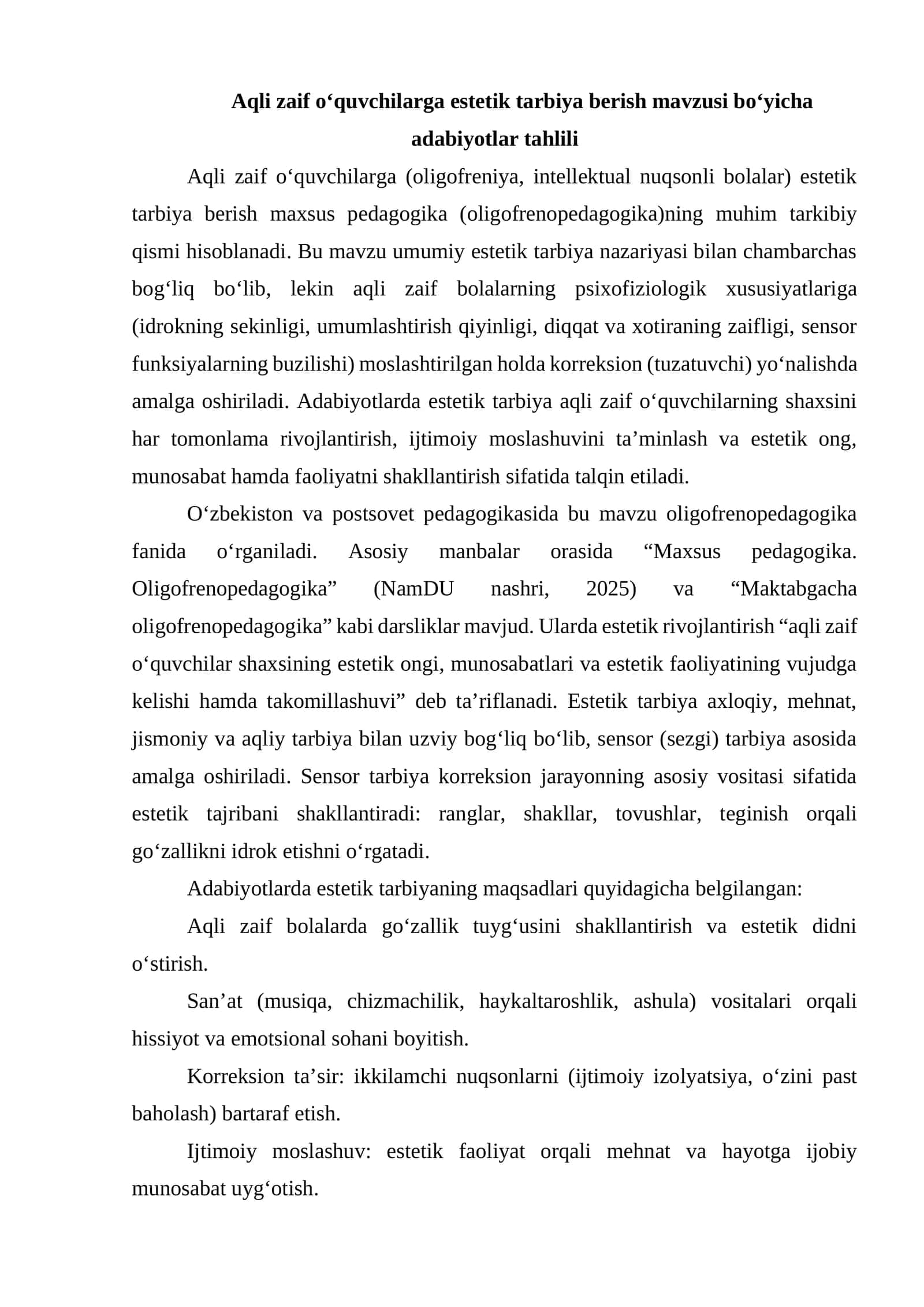 Aqli zaif o‘quvchilarga estetik tarbiya berish mavzusi bo‘yicha adabiyotlar tahlili