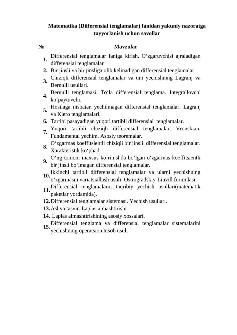 Matematika (Differensial tenglamalar) fanidan yakuniy nazoratga tayyorlanish uchun savollar