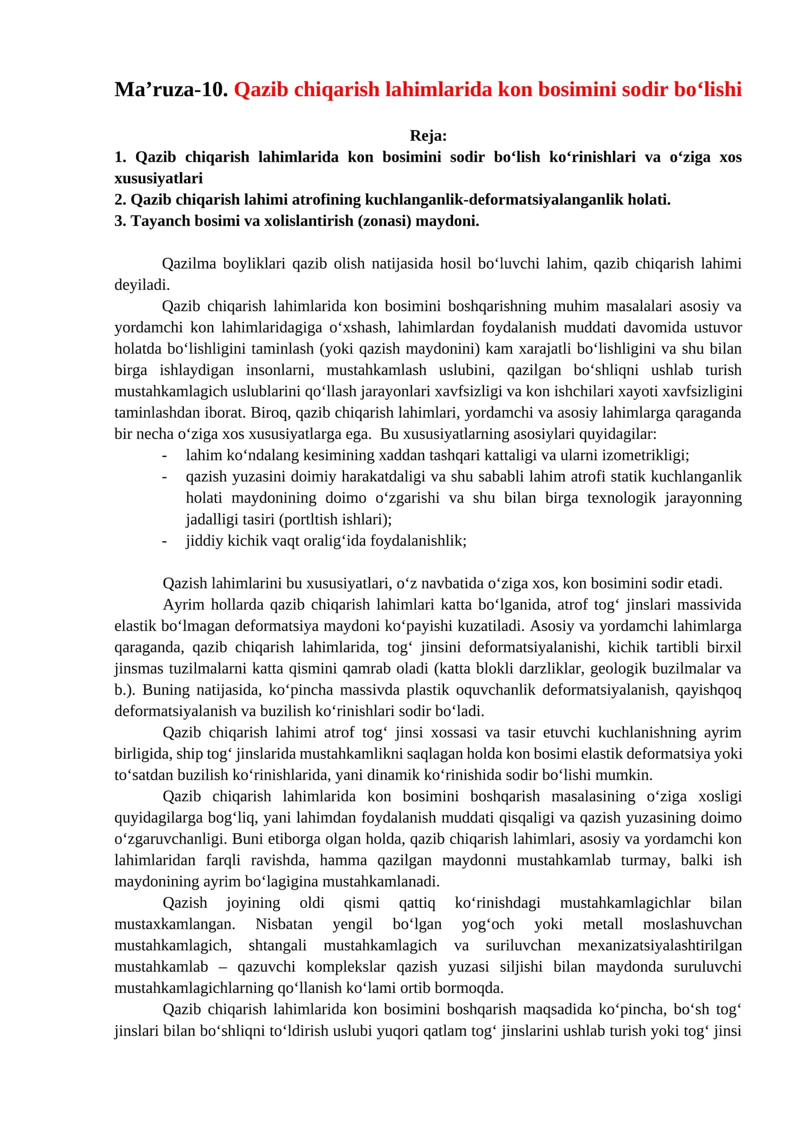 Ma’ruza-10. Qazib chiqarish lahimlarida kon bosimini sodir bo‘lishi
