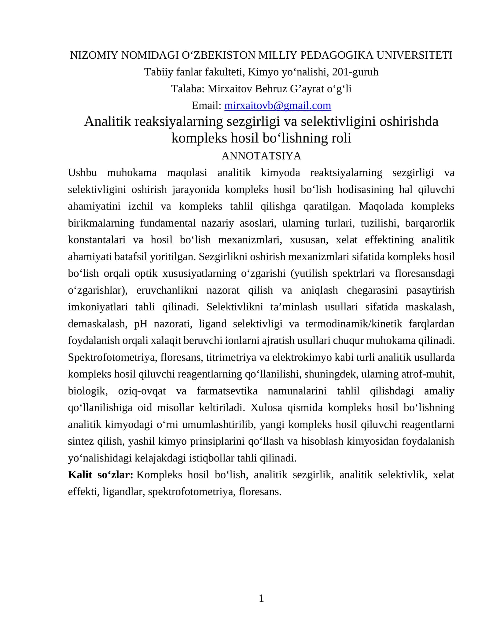ANALITIK KIMYODA REAKTSIYALAR SEZGIRLIGI VA SELEKTIVLIGI