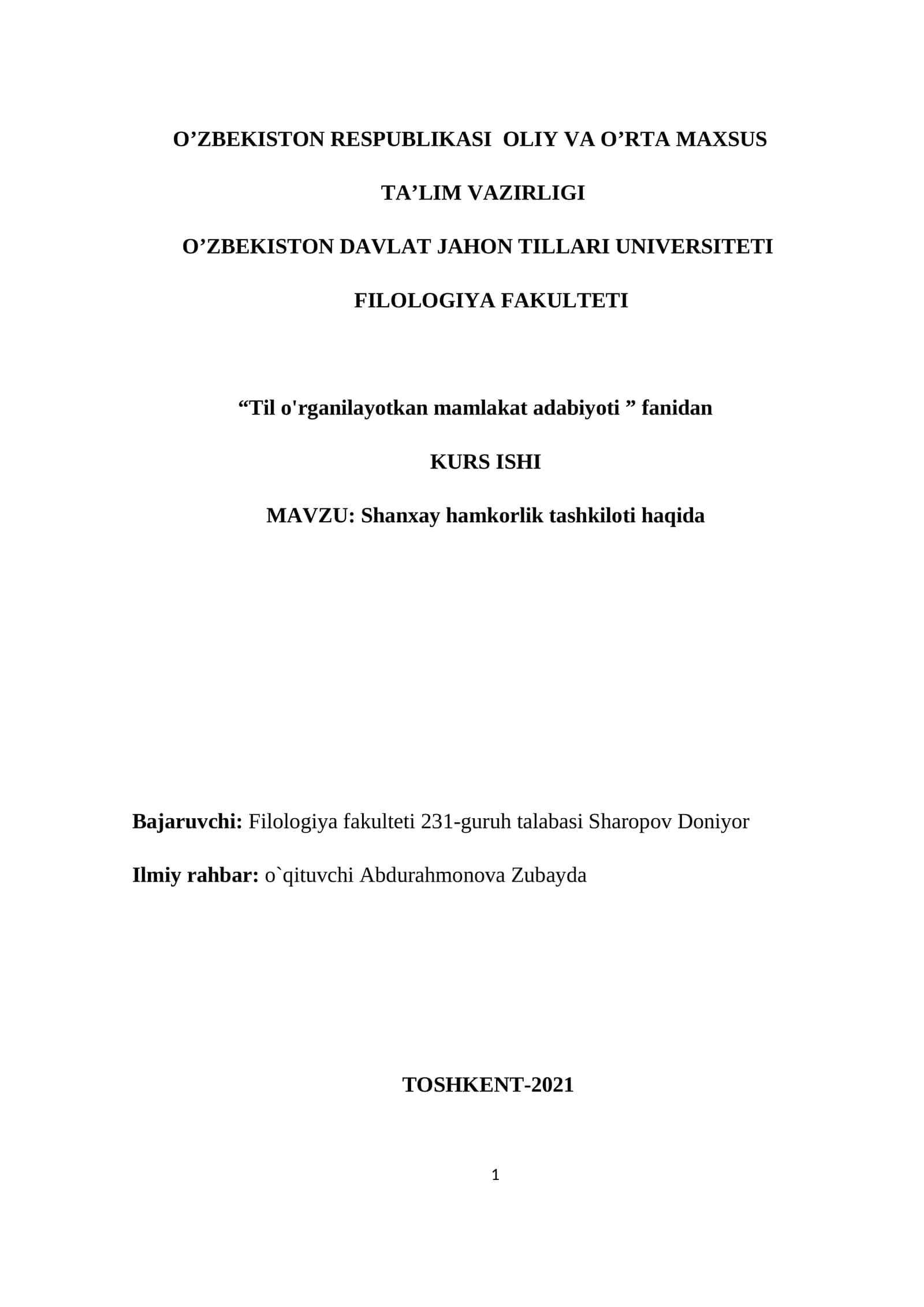 Shanxay hamkorlik tashkiloti haqida