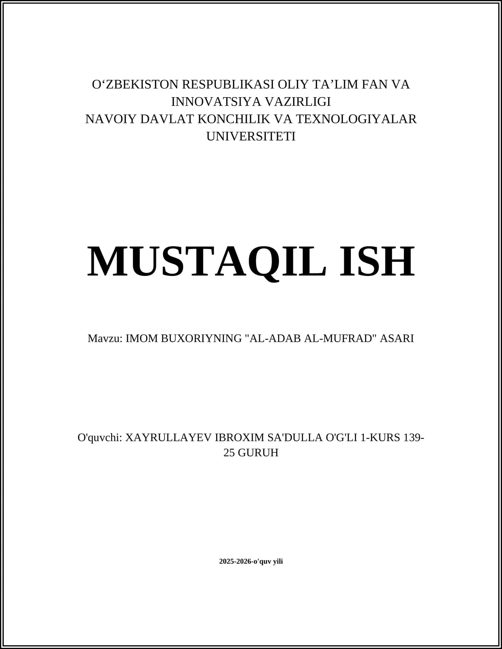 "AL-ADAB AL-MUFRAD" ASARI