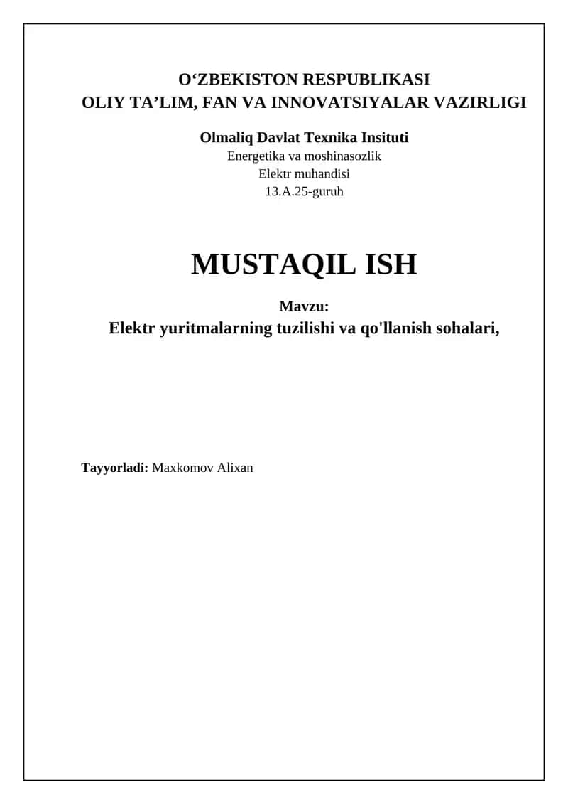 Elektr yuritmalarning tuzilishi va ishlash prinsipi