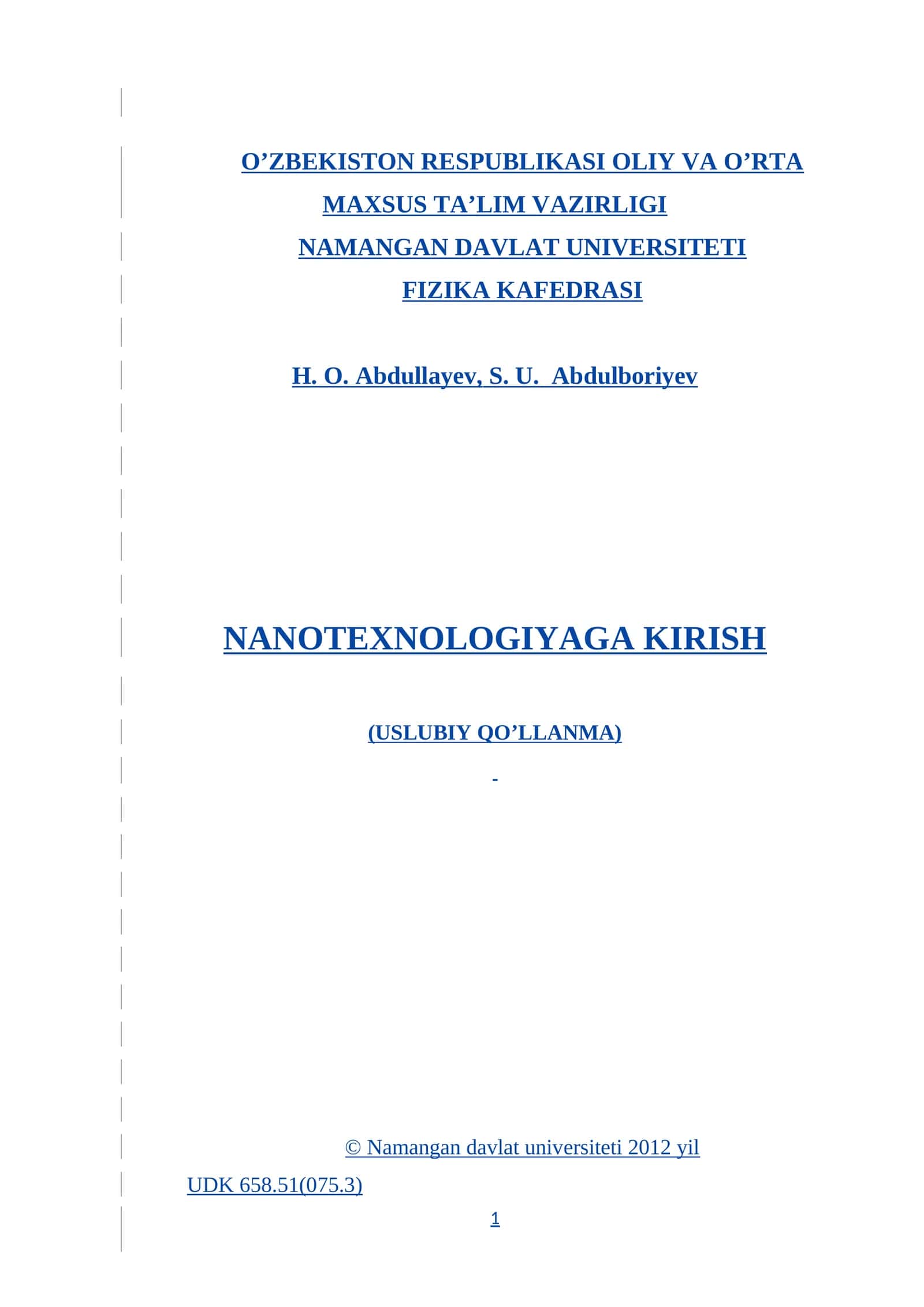 NANOTEXNOLOGIYAGA KIRISH (USLUBIY QO’LLANMA)
