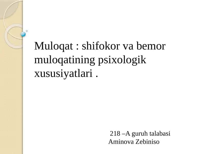 Muloqat:shifokorvabemormuloqatiningpsixologikxususiyatlari