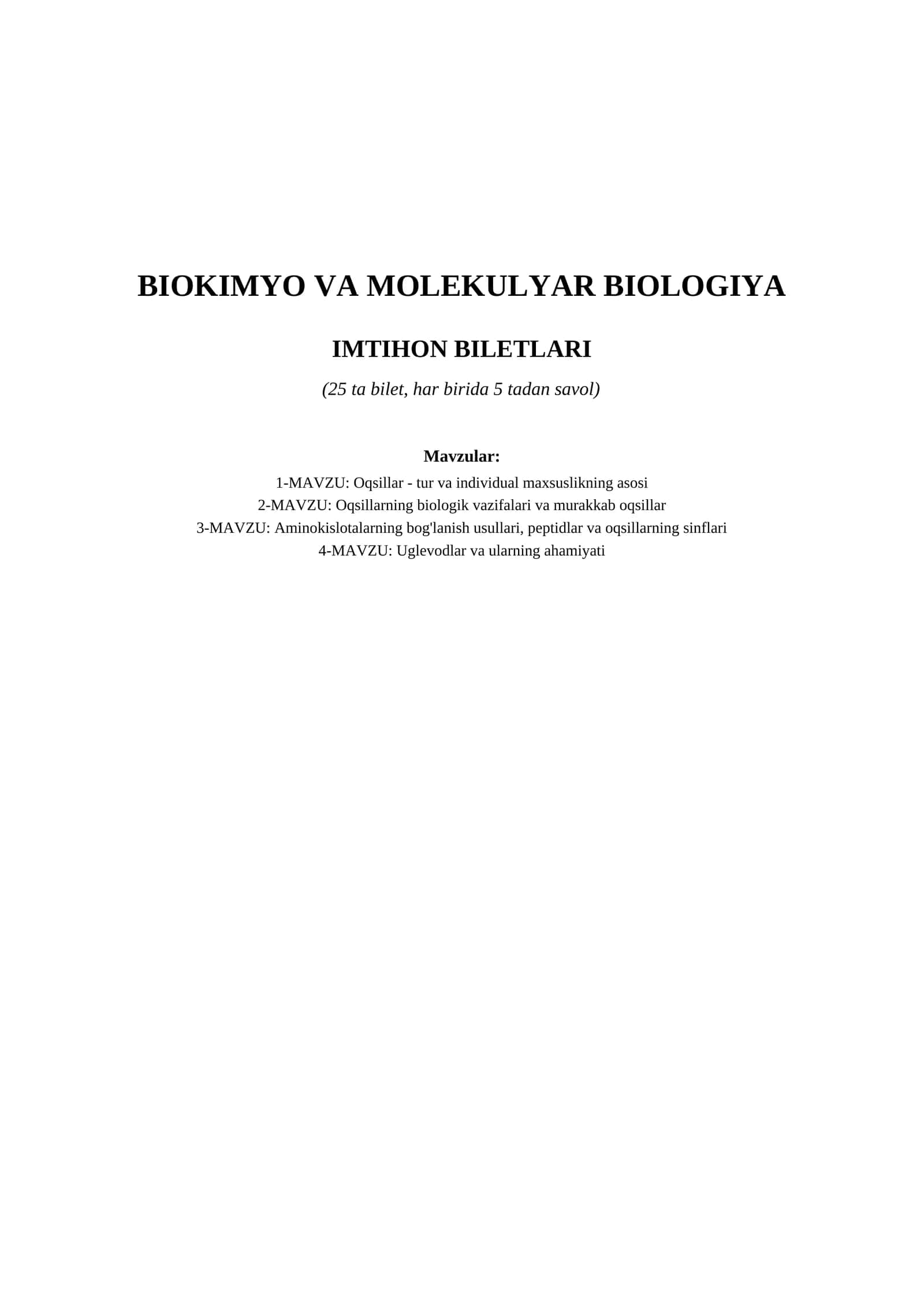 BIOKIMYO VA MOLEKULYAR BIOLOGIYA IMTIHON BILETLARI